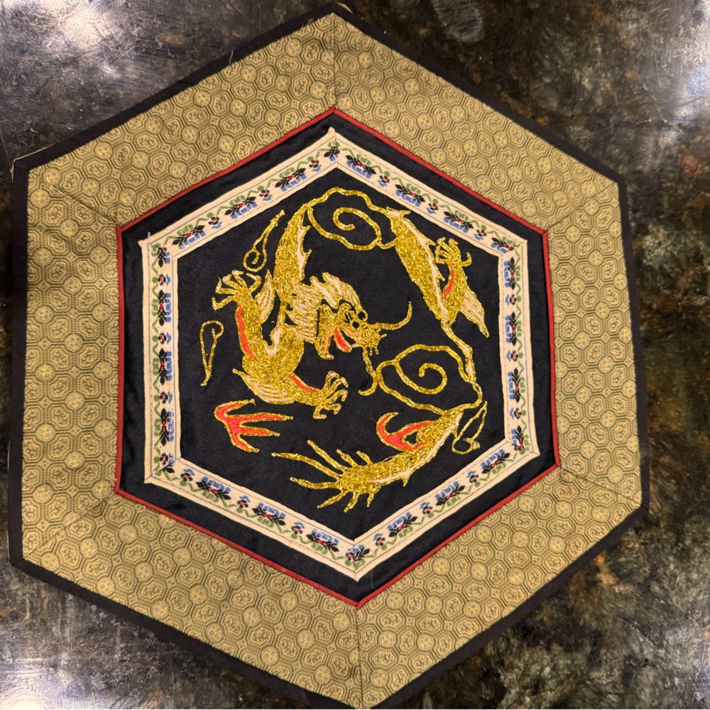 Vintage Hexagonal Chinese Gold Thread Dragon Embroidery